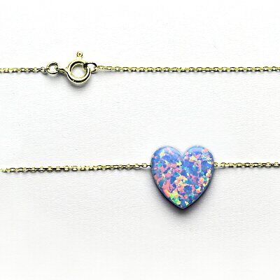 Náhrdelník - srdce, světle modrý syntetický opál, řetízek anker 0,30, žluté zlato