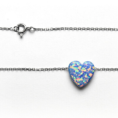 Náhrdelník - srdce, světle modrý syntetický opál, řetízek anker 0,35, bílé zlato