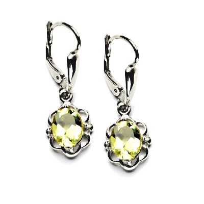 Zlaté náušnice, přírodní olivový křemen/lemon, bílé zlato, NK 1140/20