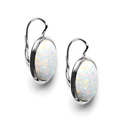 Zlaté náušnice, syntetický bílý opál, bílé zlato - NK 1454