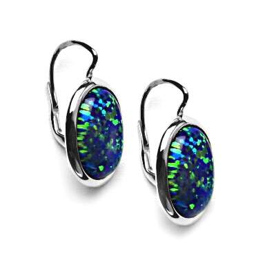 Zlaté náušnice, syntetický zelený opál, bílé zlato - NK 1454