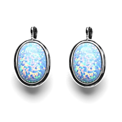 Zlaté náušnice, syntetický světle modrý opál, bílé zlato - NK 1454