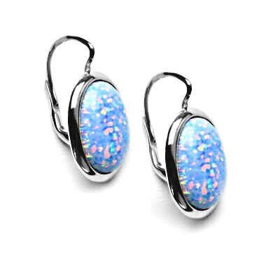 Zlaté náušnice, syntetický světle modrý opál, bílé zlato - NK 1454