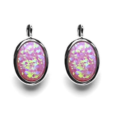 Zlaté náušnice, syntetický růžový opál, bílé zlato - NK 1454