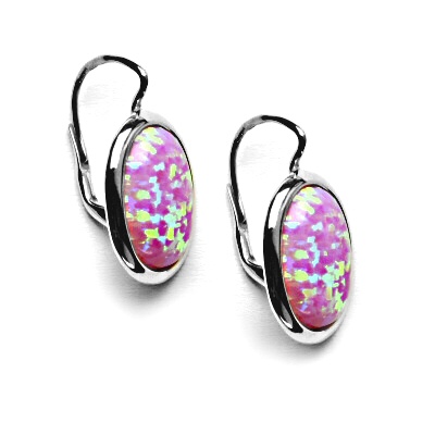 Zlaté náušnice, syntetický růžový opál, bílé zlato - NK 1454