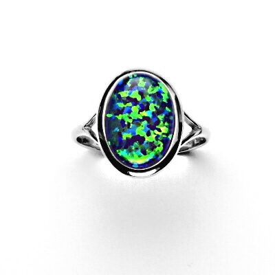 Zlatý prsten, syntetický zelený opál, bílé zlato - T 1454