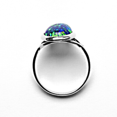 Zlatý prsten, syntetický zelený opál, bílé zlato - T 1454