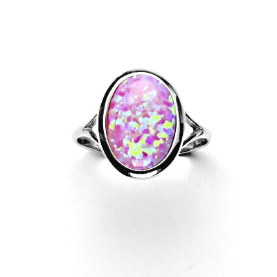 Zlatý prsten, syntetický růžový opál, bílé zlato - T 1454