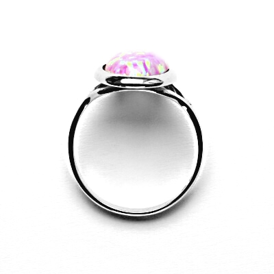 Zlatý prsten, syntetický růžový opál, bílé zlato - T 1454