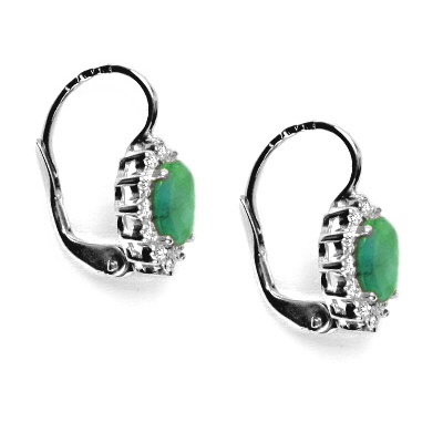 Zlaté náušnice s diamanty, přírodní smaragd 7x5 mm, bílé zlato - VE 247