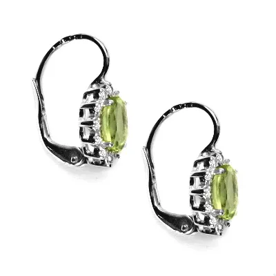 Zlaté náušnice s diamanty, přírodní olivín 7x5 mm, bílé zlato - VE 247