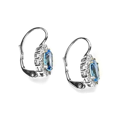 Zlaté náušnice s diamanty, přírodní topaz swiss 7x5 mm, bílé zlato - VE 247