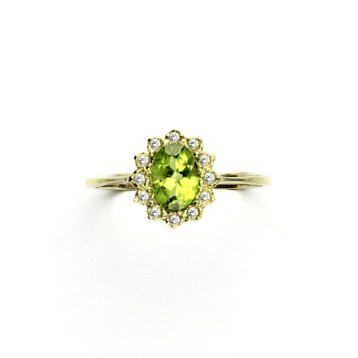 Zlatý prsten s diamanty, přírodní olivín 7x5 mm, žluté zlato - VR 247