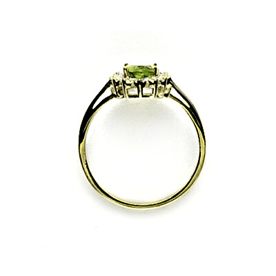 Zlatý prsten s diamanty, přírodní olivín 7x5 mm, žluté zlato - VR 247
