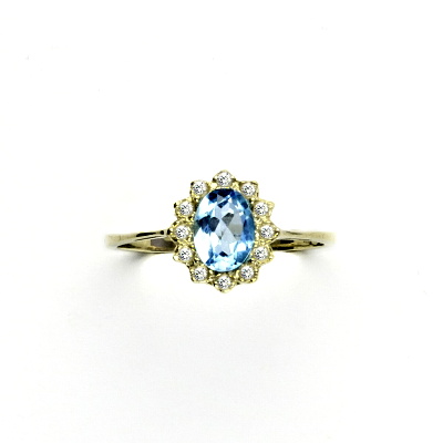 Zlatý prsten s diamanty, přírodní topaz swiss 7x5 mm, žluté zlato - VR 247