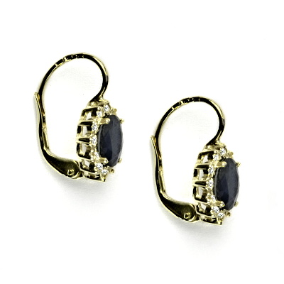 Zlaté náušnice s diamanty, přírodní safír 7x5 mm, žluté zlato - VE 247