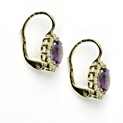 Zlaté náušnice s diamanty, přírodní tmavý ametyst 7x5 mm, žluté zlato - VE 247