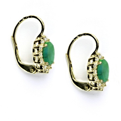 Zlaté náušnice s diamanty, přírodní smaragd 7x5 mm, žluté zlato - VE 247