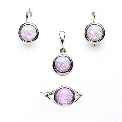 Zlaté náušnice,prsten a přívěsek, bílé i žluté zlato,syntetický růžový opál - sada NK, T, P 1503 