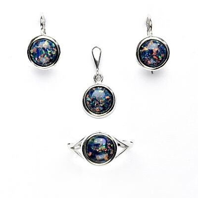 Zlaté náušnice,prsten a přívěsek, bílé i žluté zlato,syntetický černý i bílý opál - sada NK, T, P 1503 