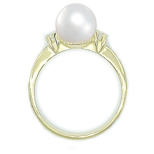 Diamantový prsten s kulatou přírodní bílou perlou a diamanty žluté zlato - T 1207