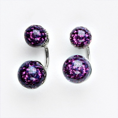 Stříbrné náušnice oboustranné, kuličky s krystaly Amethyst 8+10 mm, NŠ1356/1513
