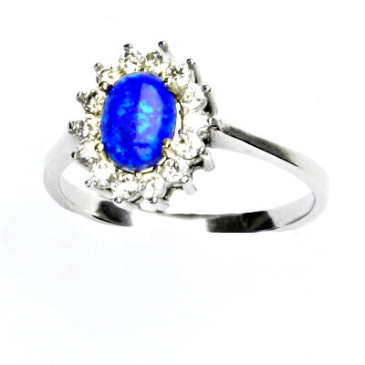 Zlatý prsten, bílé i žluté zlato,Kate, syntetický tmavě modrý opál,čiré zirkony, T 1507