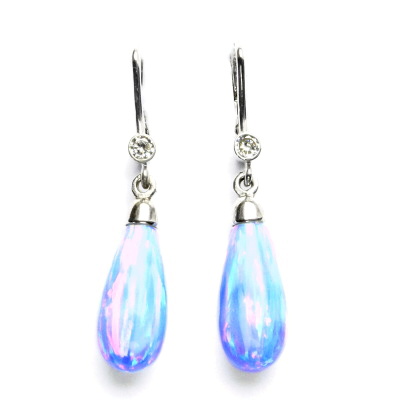 Stříbrné náušnice, světle modrý syntetický opál, čirý zirkon, NK 28/41