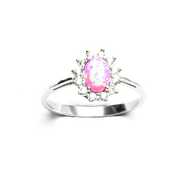 Zlatý prsten Kate, růžový syntetický opál, čiré zirkony, bílé i žluté zlato - T 1480