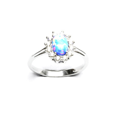 Zlatý prsten Kate, světle modrý syntetický opál, čiré zirkony, bílé i žluté zlato - T 1480