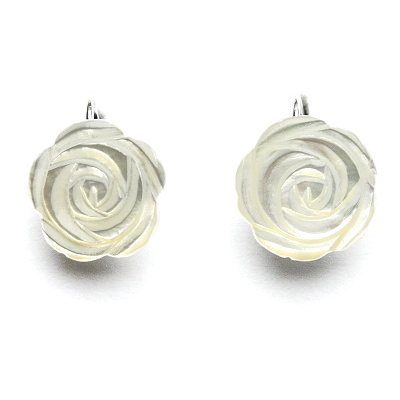 Zlaté náušnice, přírodní bílá perleť růžička 16 mm, bílé i žluté zlato - NK 1298