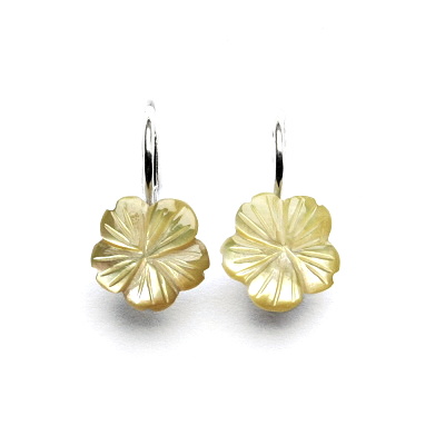 Zlaté náušnice,bílé i žluté zlato, přírodní žlutá perleť, kytička 10 mm - NK 1183