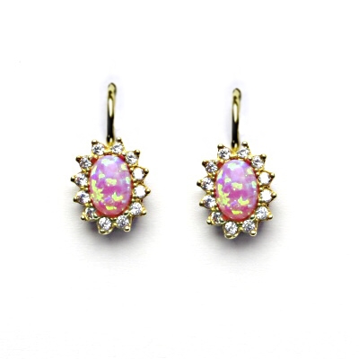 Zlaté náušnice Kate, růžový syntetický opál, čiré zirkony, žluté i bílé zlato, NK 1480