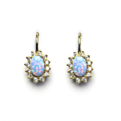 Zlaté náušnice Kate, sv. modrý syntetický opál, čiré zirkony, žluté i bílé zlato, NK 1480