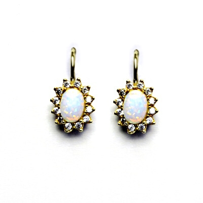 Zlaté náušnice Kate, bílý syntetický opál, čiré zirkony, žluté i bílé zlato, NK 1480