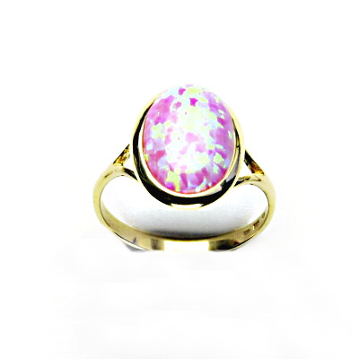 Zlatý prsten, syntetický růžový opál, žluté zlato - T 1454
