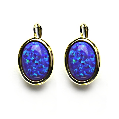 Zlaté náušnice, syntetický fialový opál, žluté zlato - NK 1454