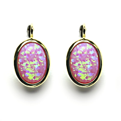 Zlaté náušnice, syntetický růžový opál, žluté zlato - NK 1454