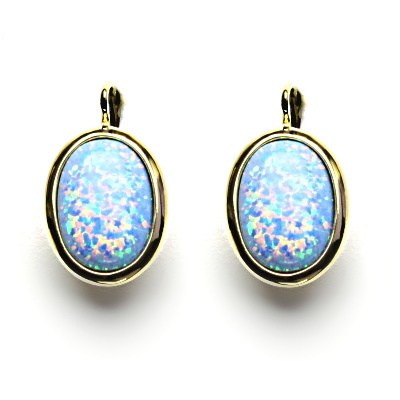 Zlaté náušnice, syntetický světle modrý opál, žluté zlato - NK 1454