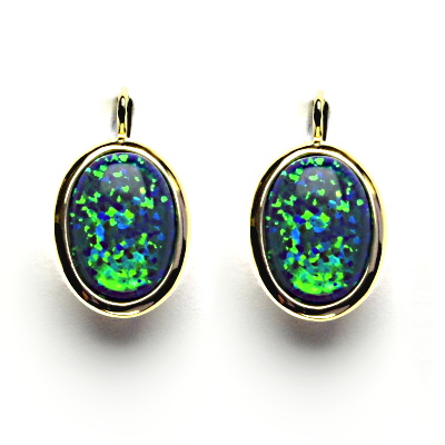 Zlaté náušnice, syntetický zelený opál, žluté zlato - NK 1454