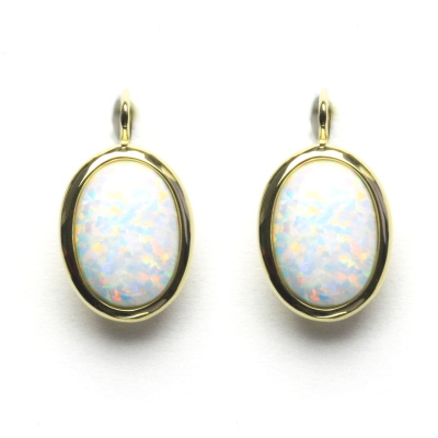 Zlaté náušnice, syntetický bílý opál, žluté zlato - NK 1454