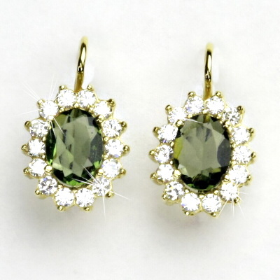 Zlaté náušnice Kate, žluté i bílé zlato, přírodní vltavín - NK 1507