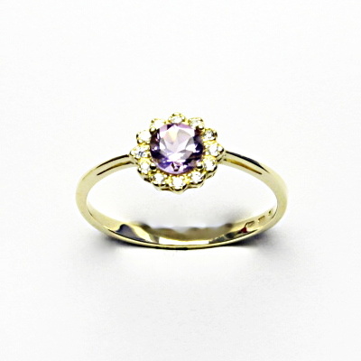 Zlatý prsten, žluté i bílé zlato, přírodní světlý ametyst, čiré zirkony - T 1495