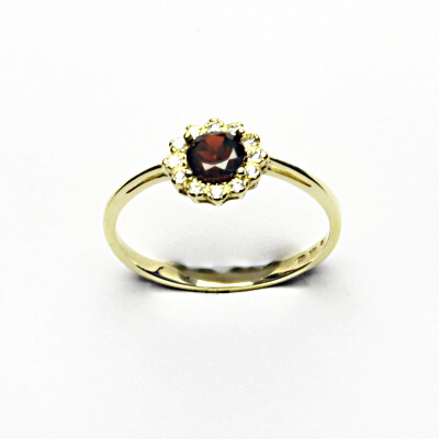 Zlatý prsten, žluté i bílé zlato, přírodní granát, čiré zirkony - T 1495