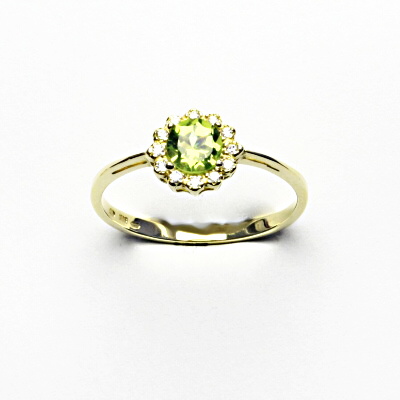 Zlatý prsten, žluté zlato, přírodní olivín, čiré zirkony, T 1495