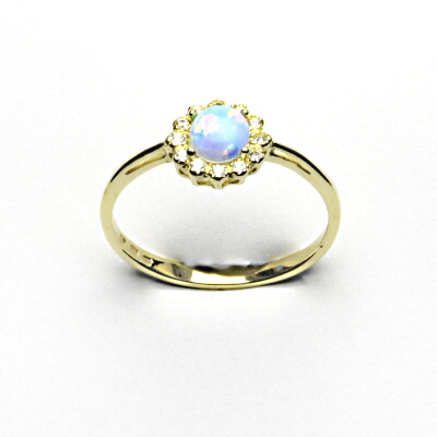 Zlatý prsten, žluté zlato, světle modrý syntetický opál, čiré zirkony, T 1495