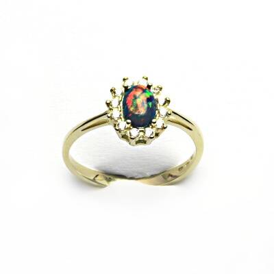 Zlatý prsten Kate, syntetický černý opál, čiré zirkony, žluté i bílé zlato - T 1480