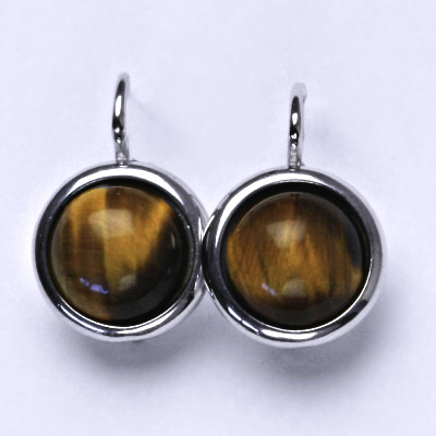 Zlaté náušnice, bílé i žluté zlato , přírodní kámen Tygří oko 10 mm - NK 1452