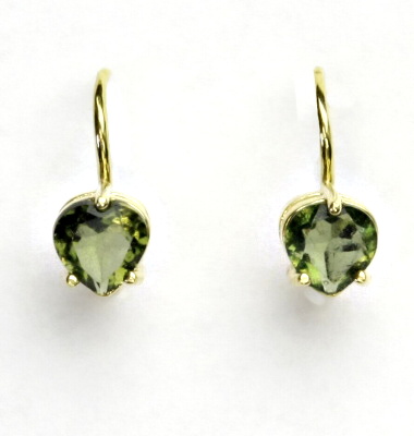 Zlaté náušnice, žluté i bílé zlato, srdíčka, přírodní vltavín - NK 1362