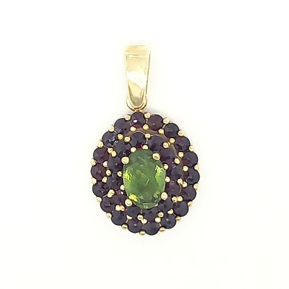 Zlatý přívěsek, přírodní vltavín a přírodní granáty , žluté zlato - 2,93 g